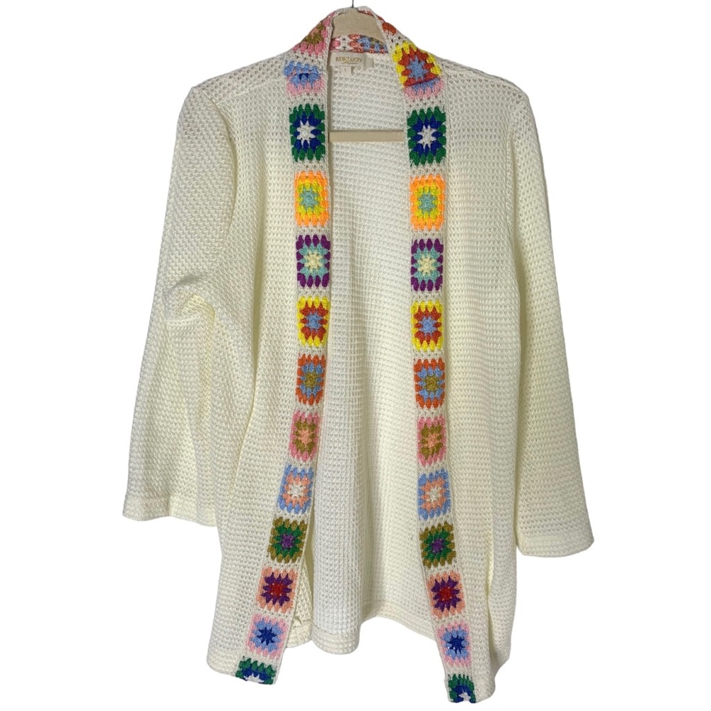 Cream Crochet-Trim Open Front Women's Sweater Cardigan